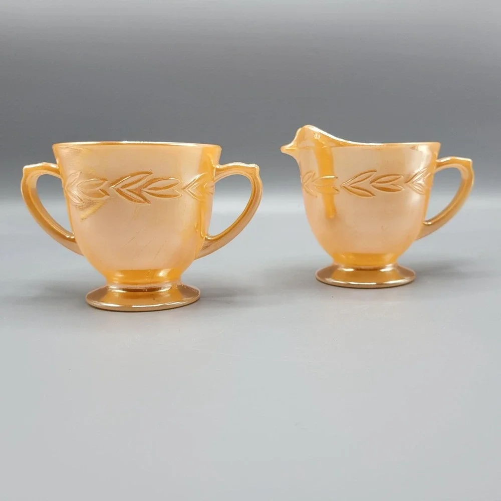 Vintage Orange Lustre Fire King Creamer & Sugar Set Laurel Leaf Glass Oven Ware